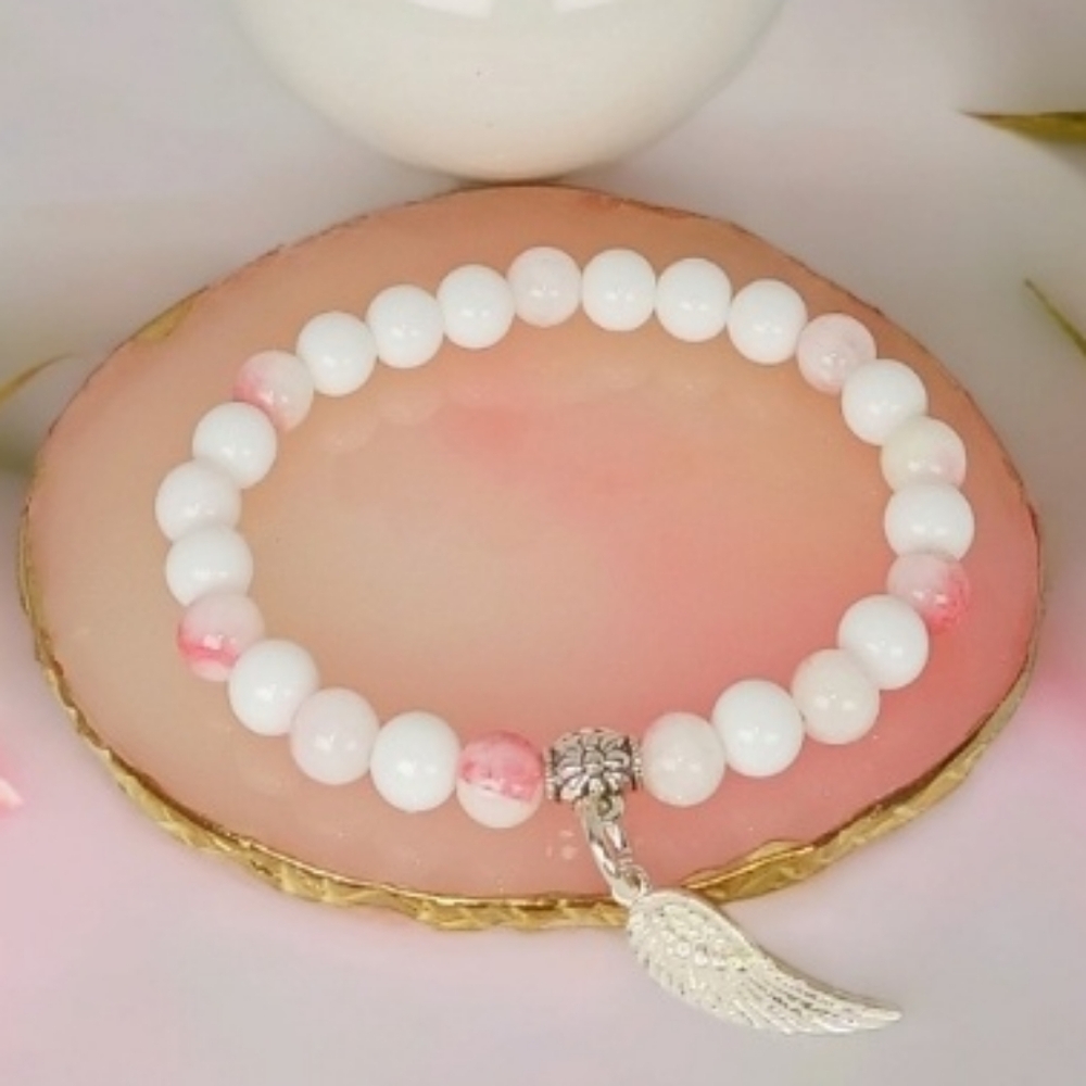 Beaded White Onyx Angel Wing Charm Bracelet Angelcore Preppy Soft Girl Fairycore